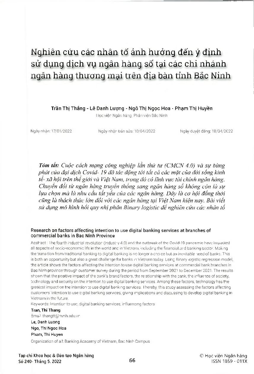Nghiên cứu các nhân tố ảnh hưởng đến ý định sử dụng dịch vụ ngân hàng số tại các chi nhánh ngân hàng thương mại trên địa bàn tỉnh Bắc Ninh = Research on factors affecting intention to use digital banking services at branches of commercial banks in Bac Nin