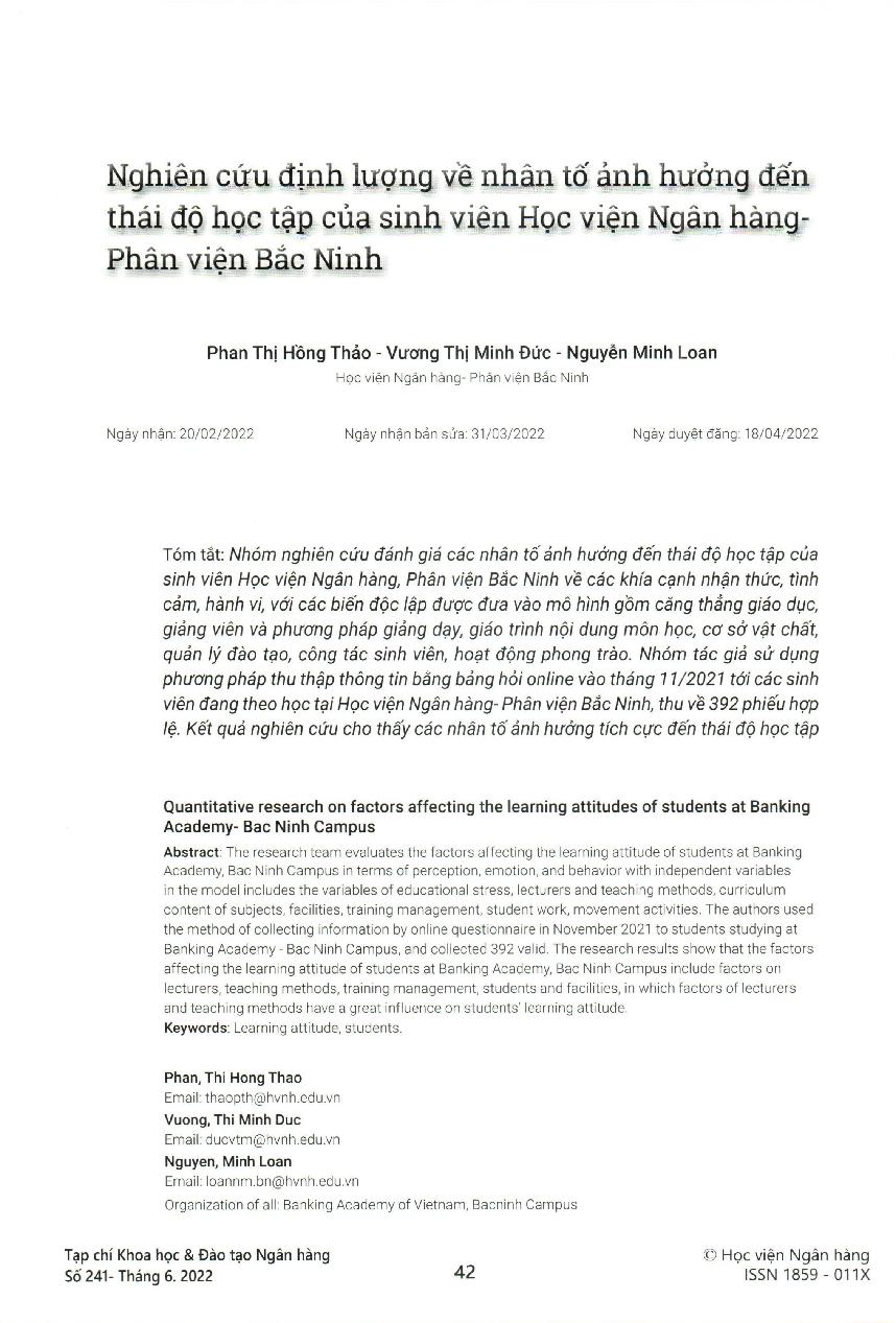 Nghiên cứu định lượng về nhân tố ảnh hưởng đến thái độ học tập của sinh viên Học viện Ngân hàng- Phân viện Bắc Ninh = Quantitative research on factors affecting the learning attitudes of students at Banking Academy- Bac Ninh Campus