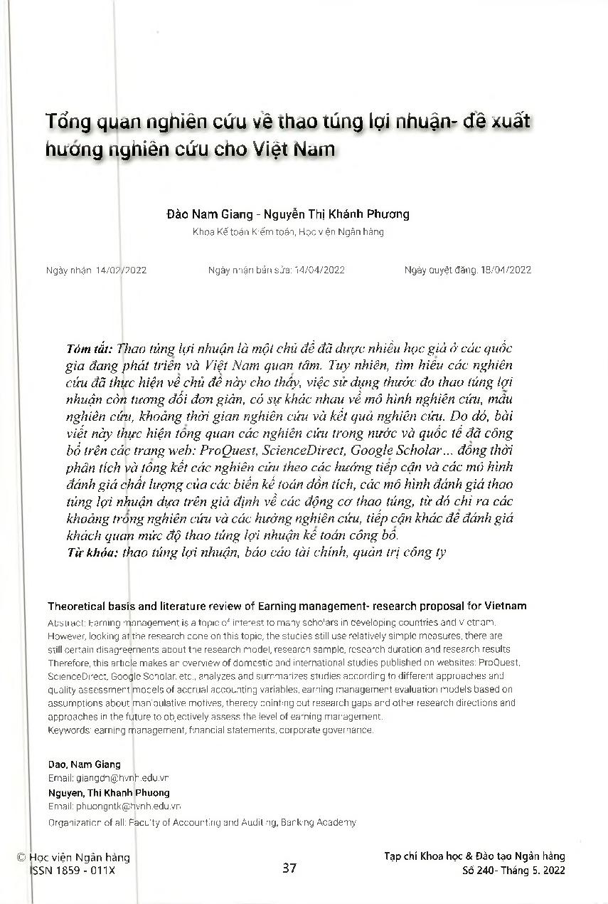 Tổng quan nghiên cứu về thao túng lợi nhuận đề xuất hướng nghiên cứu cho Việt Nam = Theoretical basis and literature review of Earning management research proposal for Vietnam
