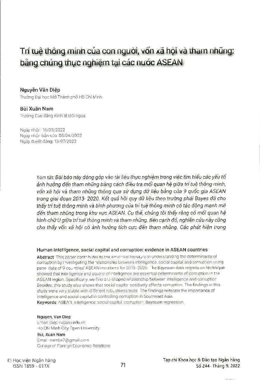 Trí tuệ thông minh của con người, vốn xã hội và tham nhũng: bằng chứng thực nghiệm tại các nước ASEAN = Human intelligence, social capital and corruption: evidence in ASEAN countries