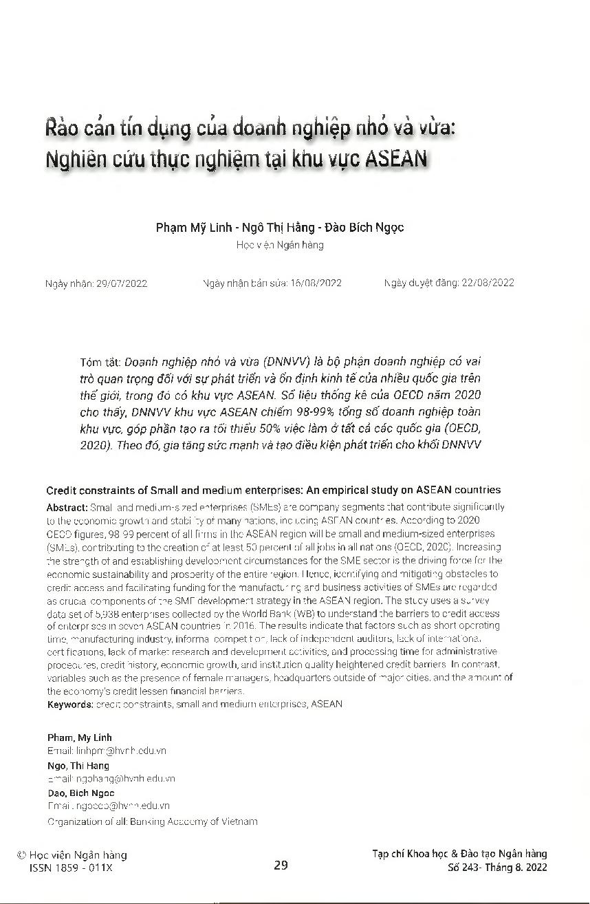 Rào cản tín dụng của doanh nghiệp nhỏ và vừa: Nghiên cứu thực nghiệm tại khu vực ASEAN = Credit constraints of Small and medium enterprises: An empirical study on ASEAN countries