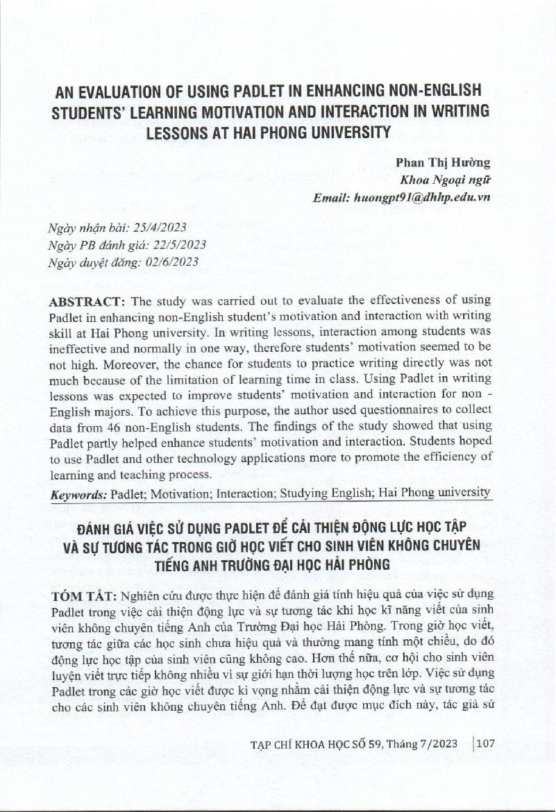 Đánh giá việc sử dụng Padlet để cải thiện động lực học tập và sự tương tác trong giờ học viết cho sinh viên không chuyên tiếng Anh trường đại học Hải Phòng