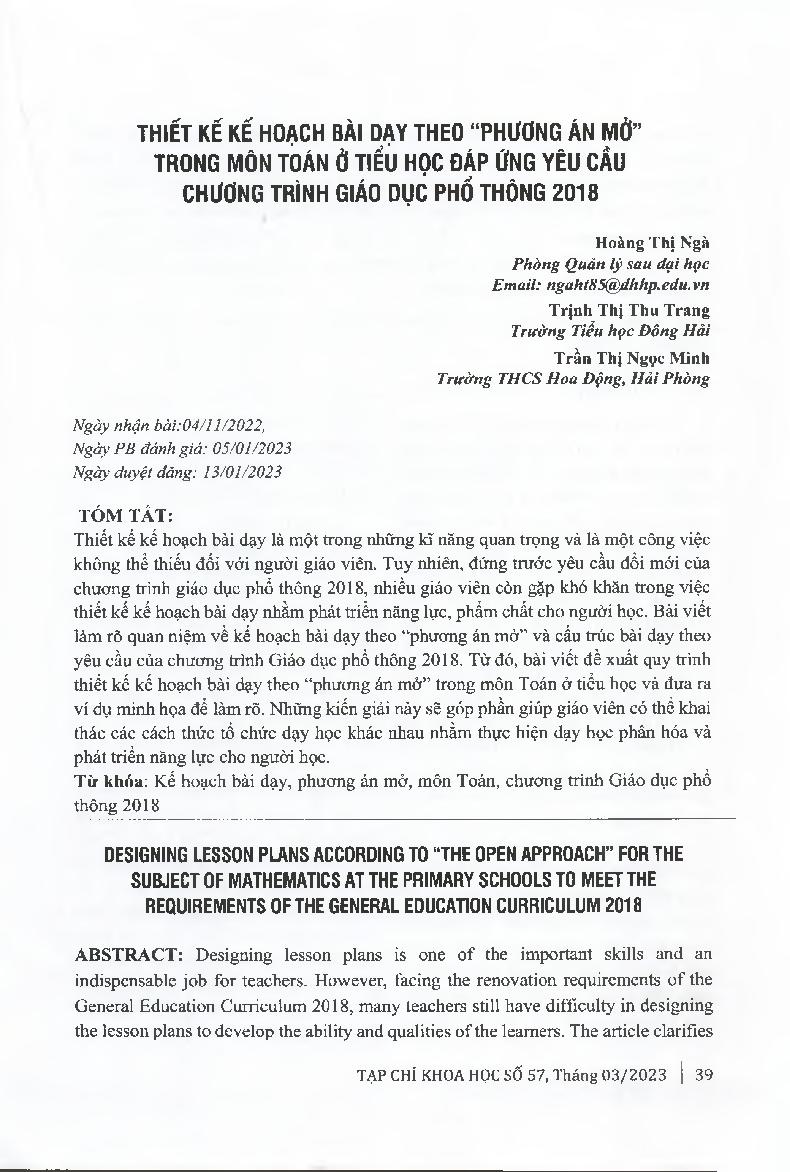 Thiết kế kế hoạch bài dạy theo "phương án mở" trong môn toán ở tiểu học đáp ứng yêu cầu Chương trình giáo dục phổ thông 2018 = Designing Lesson Plans According To "The Open Approach" For The Subject Of Mathematics At The Primary Schools To Meet The Requir