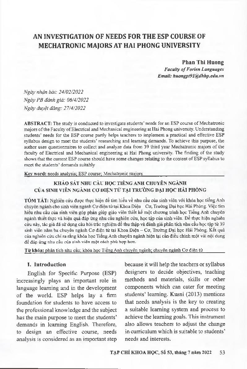 Khảo sát nhu cầu học tiếng Anh chuyên ngành của sinh viên ngành Cơ điện tử tại Trường đại học Hải Phòng = An investigation of need for the ESP course of Mechatronic majors at Hai Phong University
