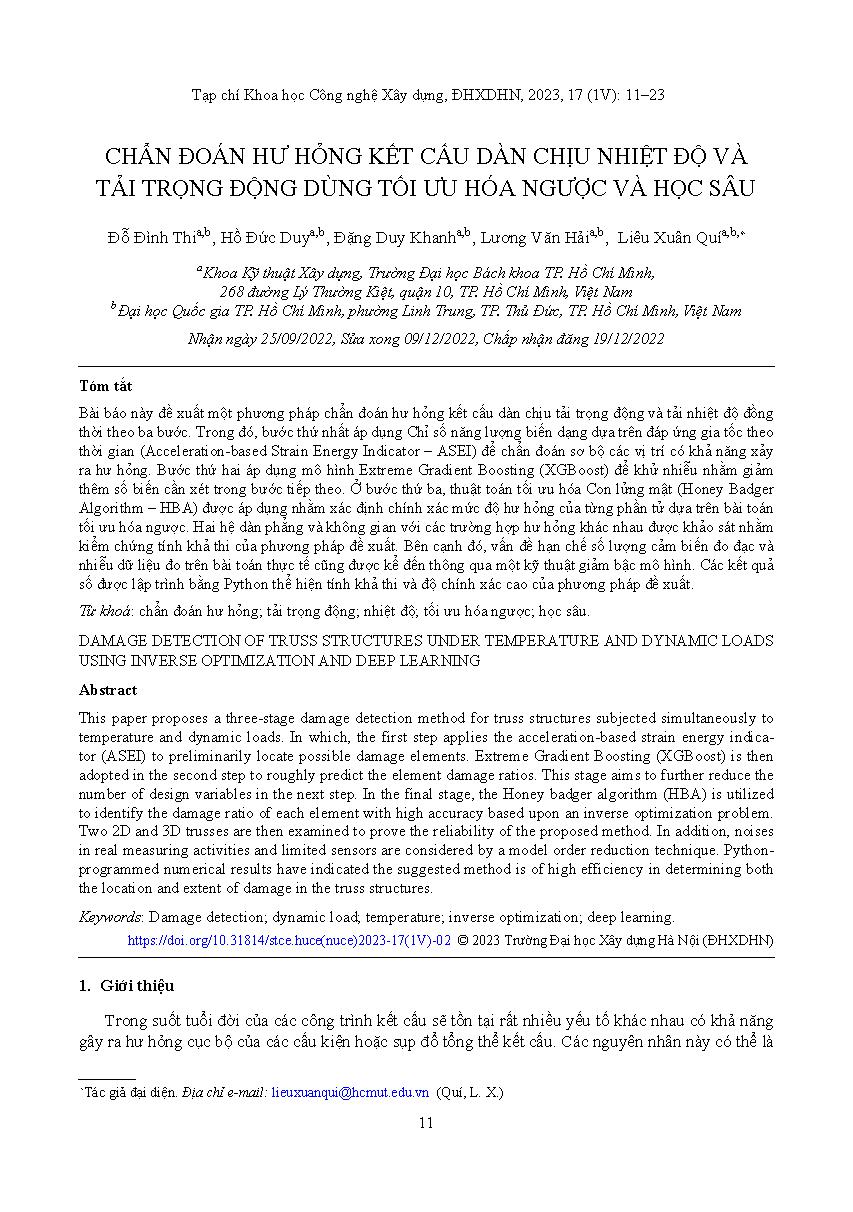 Chẩn đoán hư hỏng kết cấu dàn chịu nhiệt độ và tải trọng động dùng tối ưu hóa ngược và học sâu = Damage detection of truss structures under temperature and dynamic loads using inverse optimization and deep learning