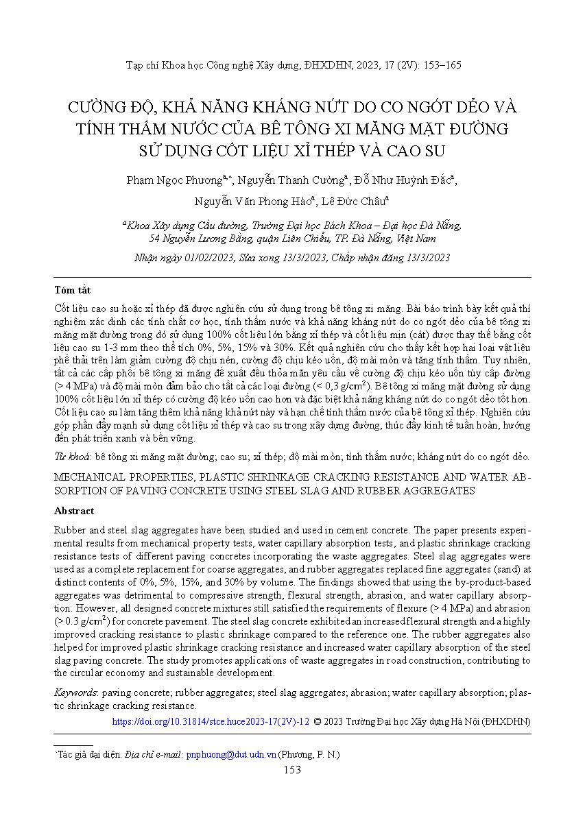 Cường độ, khả năng kháng nứt do co ngót dẻo và tính thấm nước của bê tông xi măng mặt đường sử dụng cốt liệu xỉ thép và cao su = Mechanical properties, plastic shrinkage cracking resistance and water absorption of paving concrete using steel slag and rubb