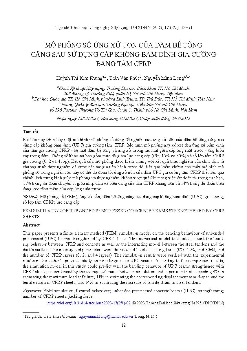 Mô phỏng số ứng xử uốn của dầm bê tông căng sau sử dụng cáp không bám dính gia cường bằng tấm CFRP = Fem simulation of unbonded prestressed concrete beams strengthened by CFRP sheets