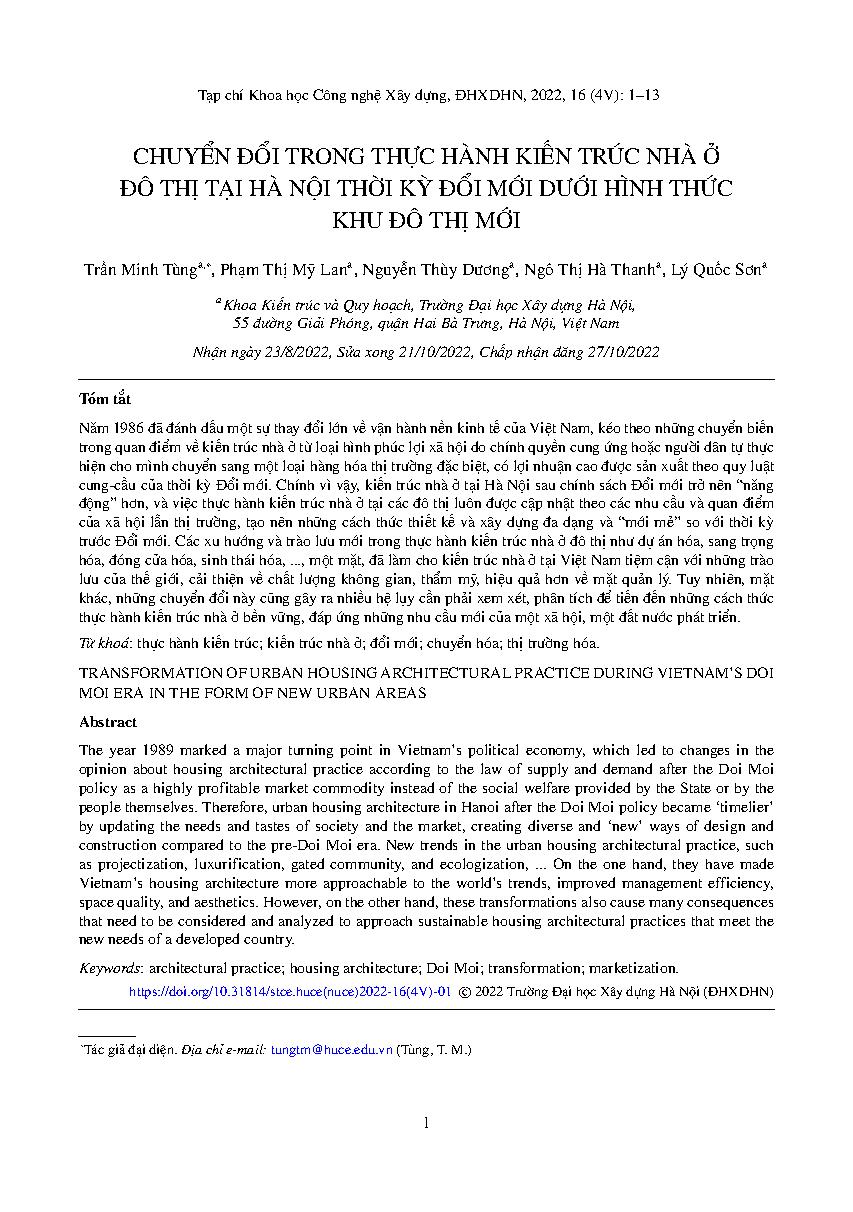 Chuyển đổi trong thực hành kiến trúc nhà ở đô thị tại Hà Nội thời kỳ đổi mới dưới hình thức khu đô thị mới = Transformation of urban housing architectural practice during vietnam’s doi moi era in the form of new urban areas