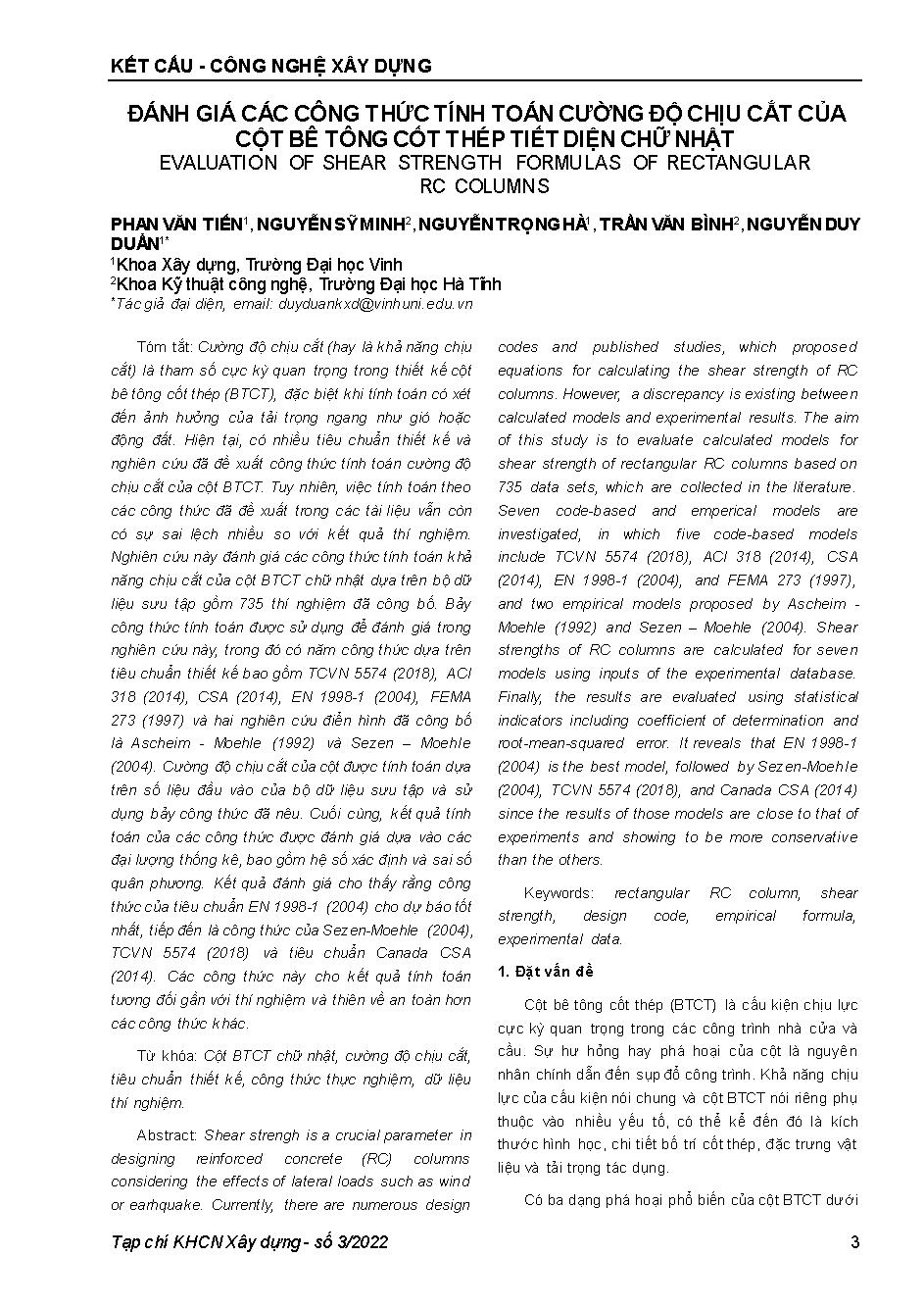 Đánh giá các công thức tính toán cường độ chịu cắt của cột bê tông cốt thép tiết diện chữ nhật = Evaluation of shear strength formulas of rectangular rc colum