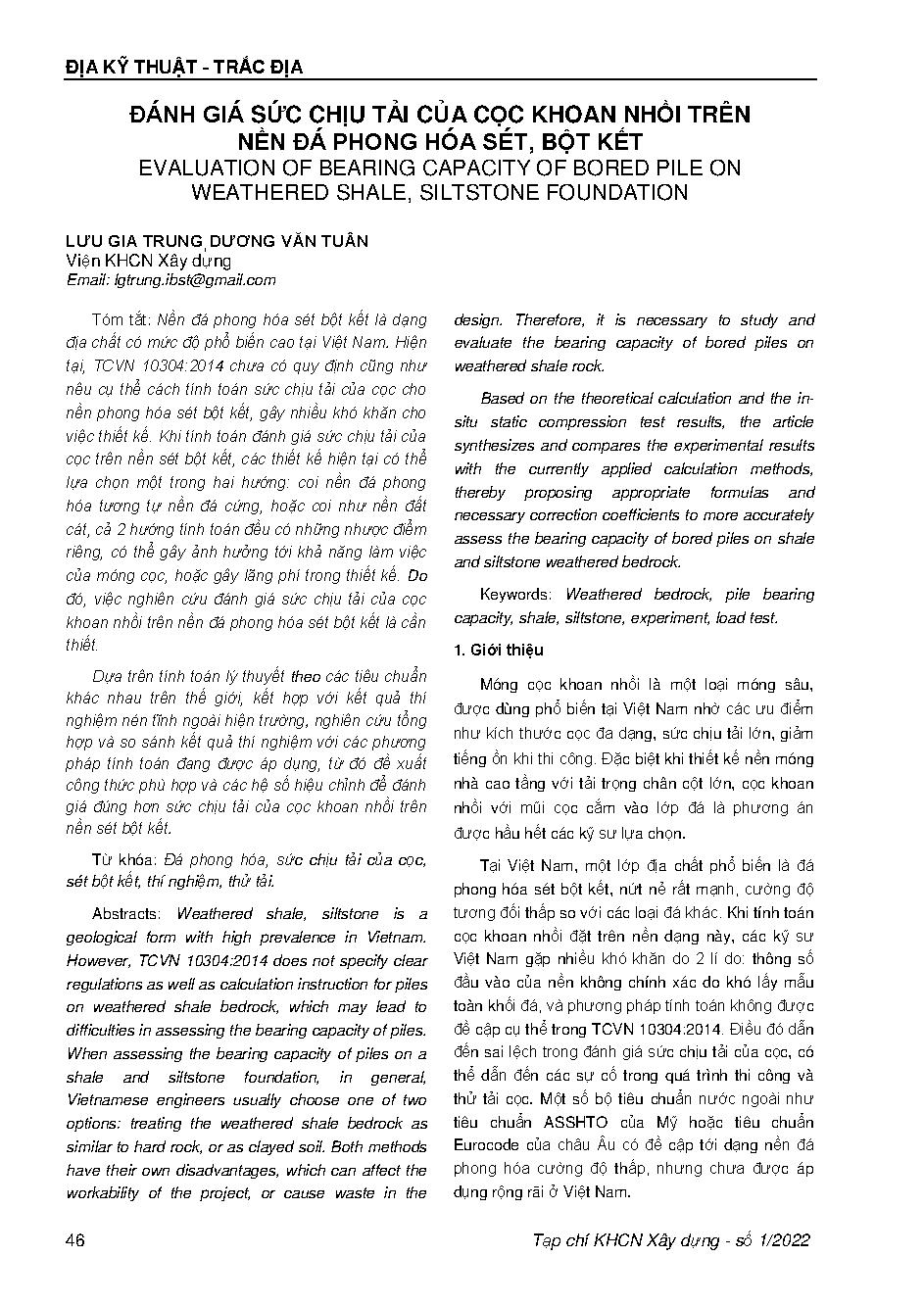 Đánh giá sức chịu tải của cọc khoan nhồi trên nền đá phong hóa sét, bột kết = Evaluation of bearing capacity of bored pile on weathered shale, siltstone foundation