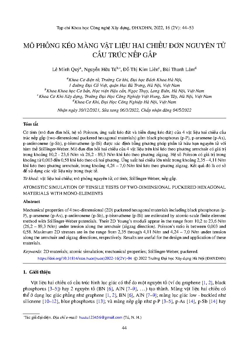 Mô phỏng kéo màng vật liệu hai chiều đơn nguyên tử cấu trúc nếp gấp = Atomistic simulation of tensile tests of two-dimensional puckered hexagonal materials with mono-elements