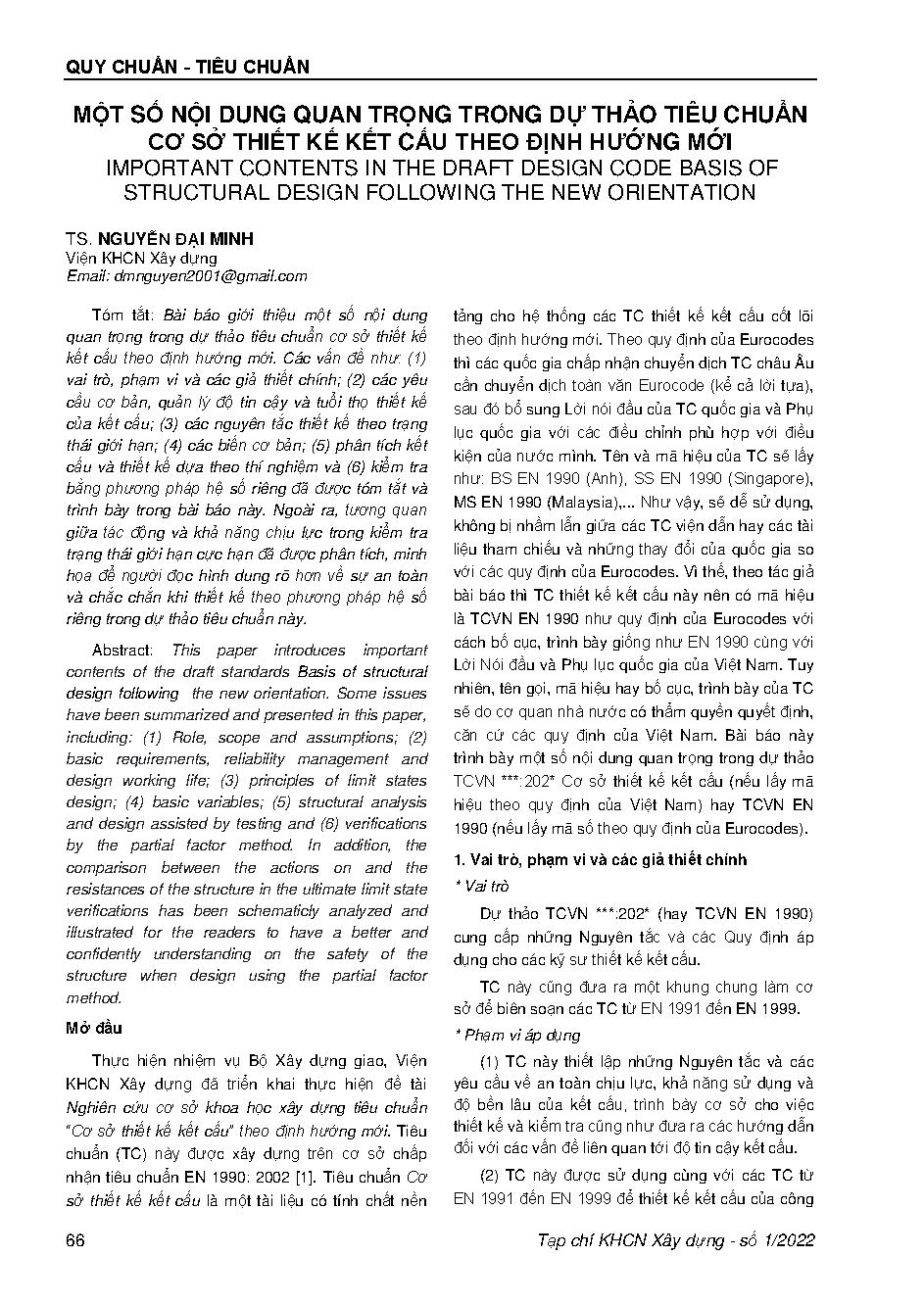 Một số nội dung quan trọng trong dự thảo tiêu chuẩn cơ sở thiết kế kết cấu theo định hướng mới = Important contents in the draft design code basis of structural design following the new orientation
