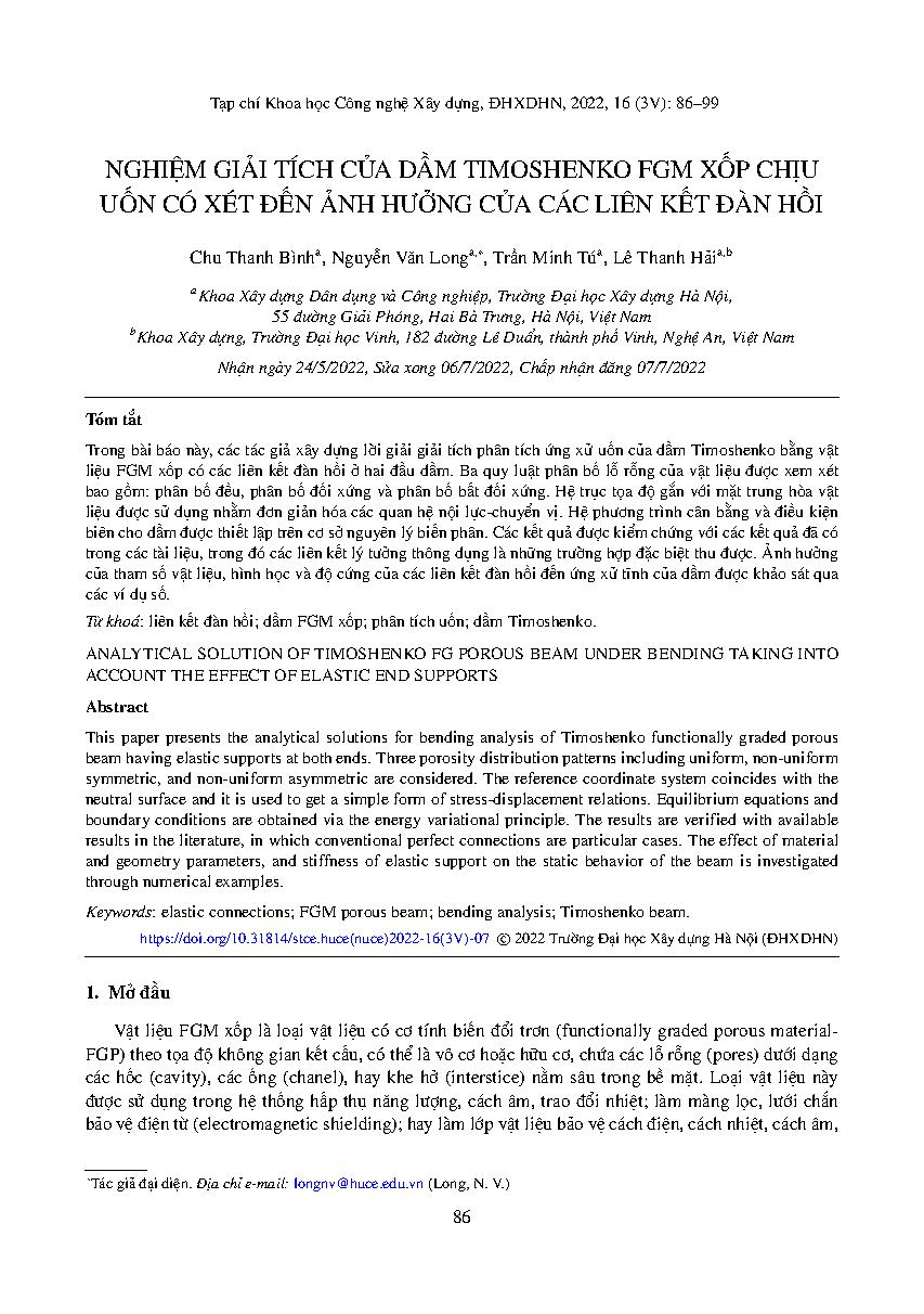 Nghiệm giải tích của dầm timoshenko FGM xốp chịu uốn có xét đến ảnh hưởng của các liên kết đàn hồi = Analytical solution of timoshenko fg porous beam under bending taking into account the effect of elastic end supports