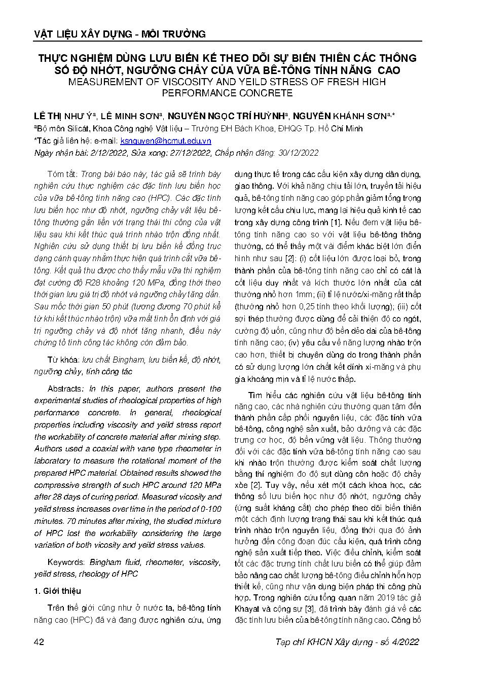 Thực nghiệm dùng lưu biến kế theo dõi sự biến thiên các thông số độ nhớt, ngưỡng chảy của vữa bê-tông tính năng cao = Measurement of viscosity and yeild stress of fresh high performance concrete