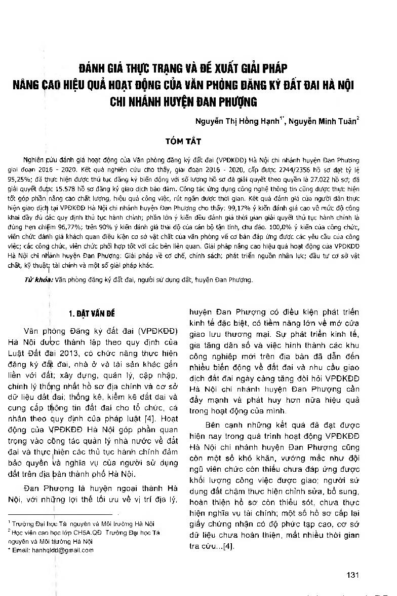 Đánh giá thực trạng và đề xuất giải pháp nâng cao hiệu quả hoạt động của văn phòng đăng ký đất đai Hà Nội chi nhánh huyện Đan Phượng = Assessing the real situation and proposing solutions to improve the performance efficiencyof Hanoi land registration off