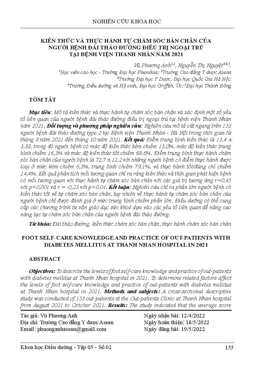 Kiến thức và thực hành tự chăm sóc bàn chân của người bệnh đái tháo đường điều trị ngoại trú tại Bệnh viện Thanh Nhàn năm 2021 = Foot self-care knowledge and practice of out-patients with diabetes mellitus at thanh nhan hospital in 2021