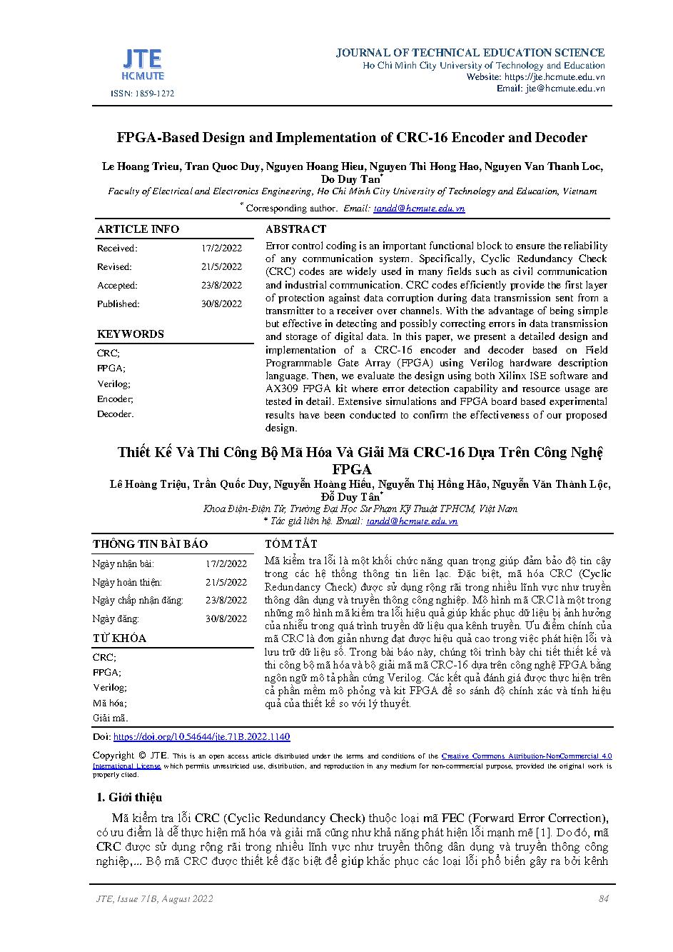 Thiết kế và thi công bộ mã hóa và giải mã CRC-16 dựa trên công nghệ = FPGA-based design and implementation of CRC-16 encoder and decoder