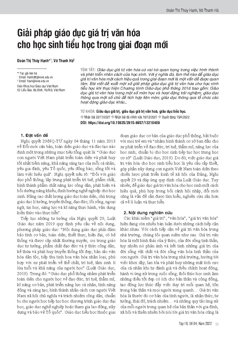 Giải pháp giáo dục giá trị văn hóa cho học sinh tiểu học trong giai đoạn mới = Some solutions for educating cultural values for primary school students in the new period