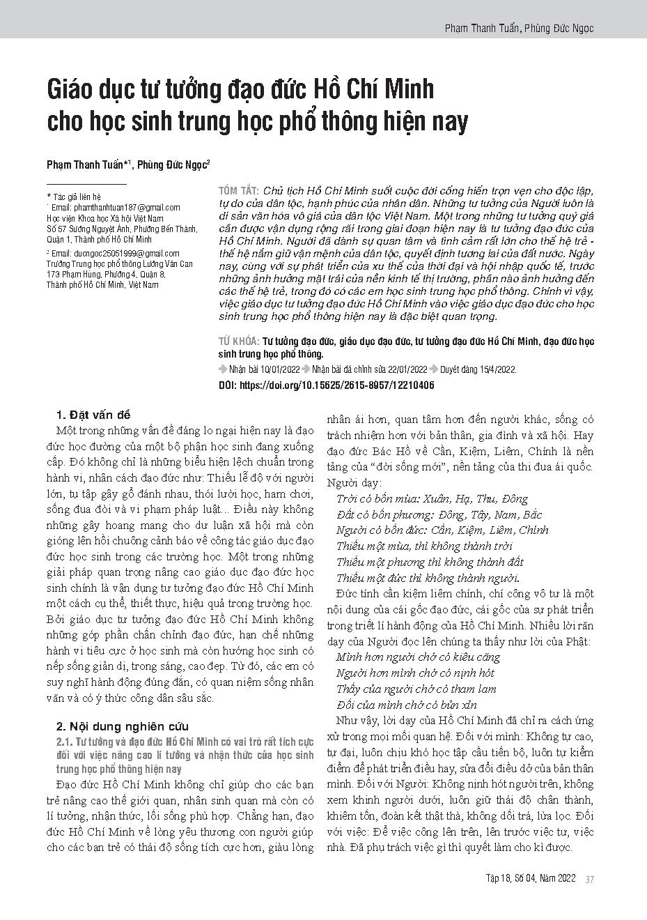 Giáo dục tư tưởng đạo đức Hồ Chí Minh cho học sinh trung học phổ thông hiện nay = Educating high school students about ho chi minh’s thoughts and morals nowadays