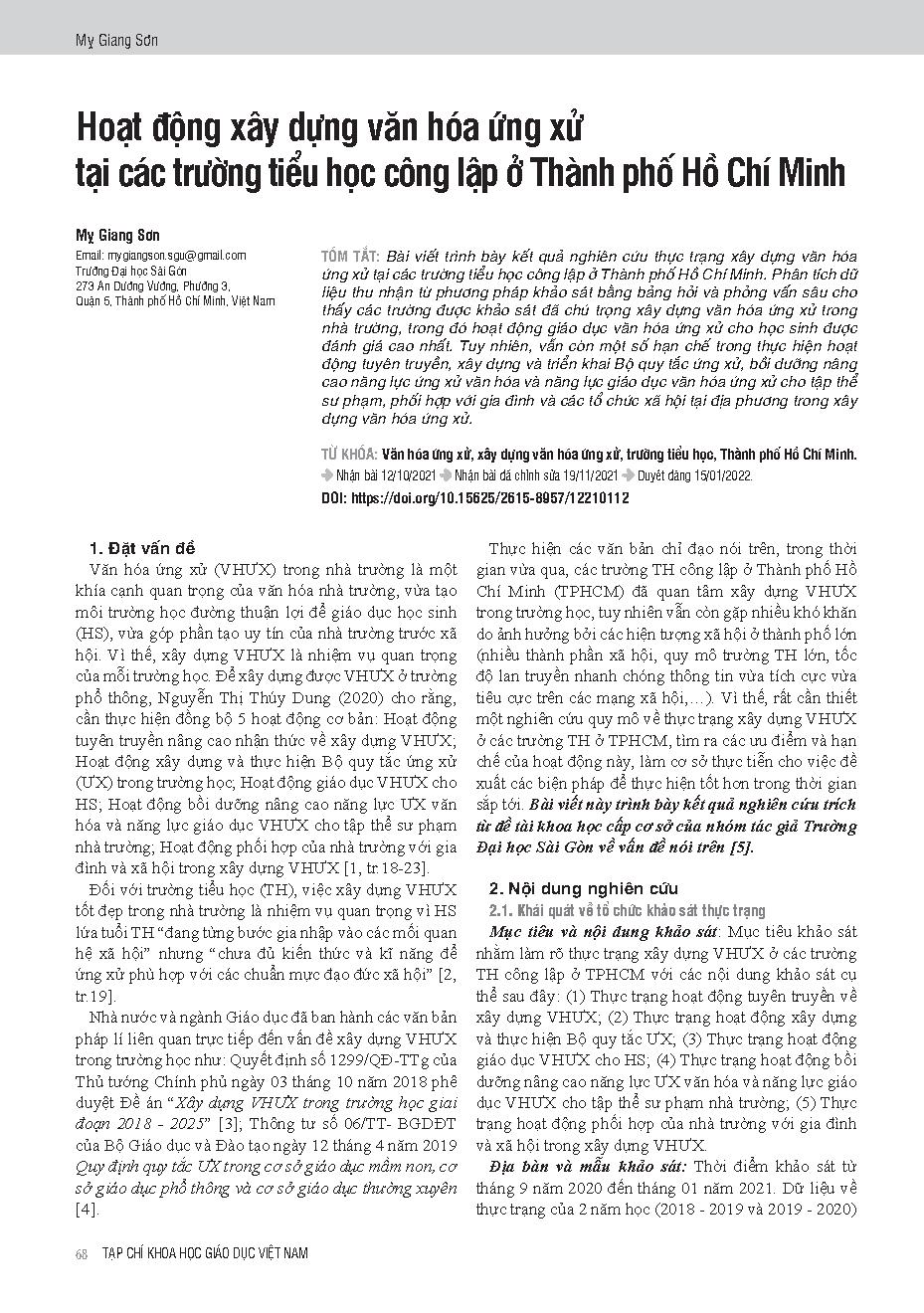 Hoạt động xây dựng văn hóa ứng xử tại các trường tiểu học công lập ở Thành phố Hồ Chí Minh = Building behaviour culture in public primary schools in Ho Chi Minh city