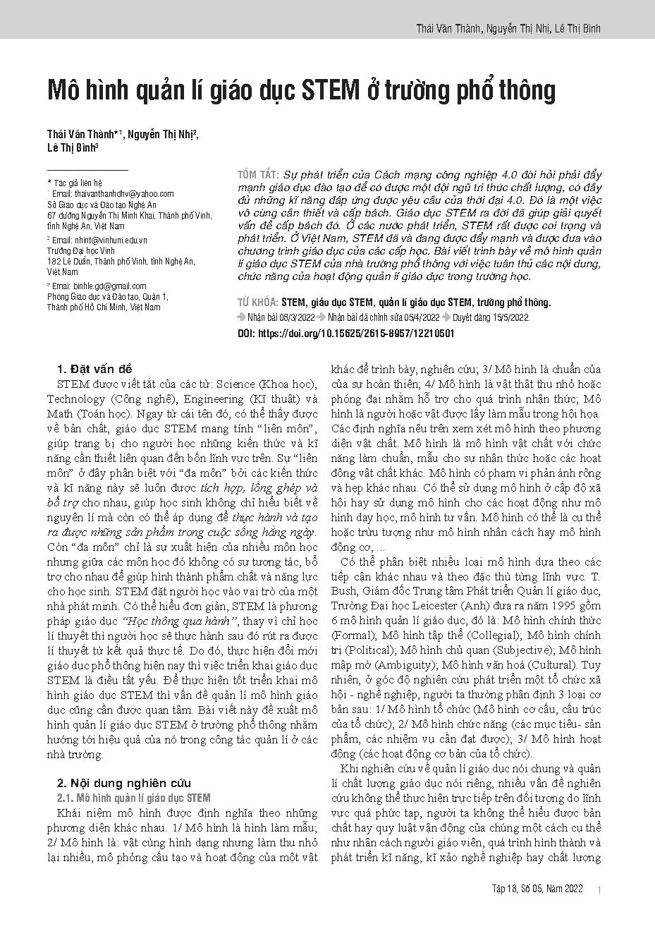 Mô hình quản lí giáo dục STEM ở trường phổ thông = A model of stem education management in high schools