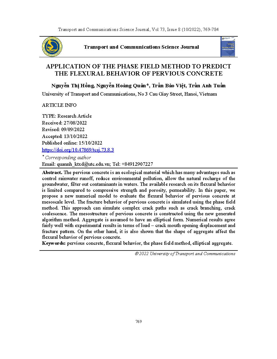 Áp dụng phương pháp trường pha để dự báo ứng xử chịu kéo khi uốn của bê tông xi măng rỗng = Application of the phase field method to predict the flexural behavior of pervious concrete