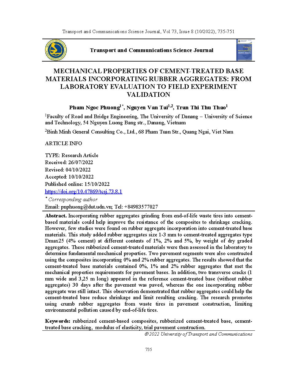 Đánh giá tính chất cơ học của cấp phối đá dăm gia cố xi măng có trộn thêm cốt liệu cao su ở phòng thí nghiệm và ngoài hiện trường = Mechanical properties of cement-treated base materials incorporating rubber aggregates: from laboratory evaluation to field