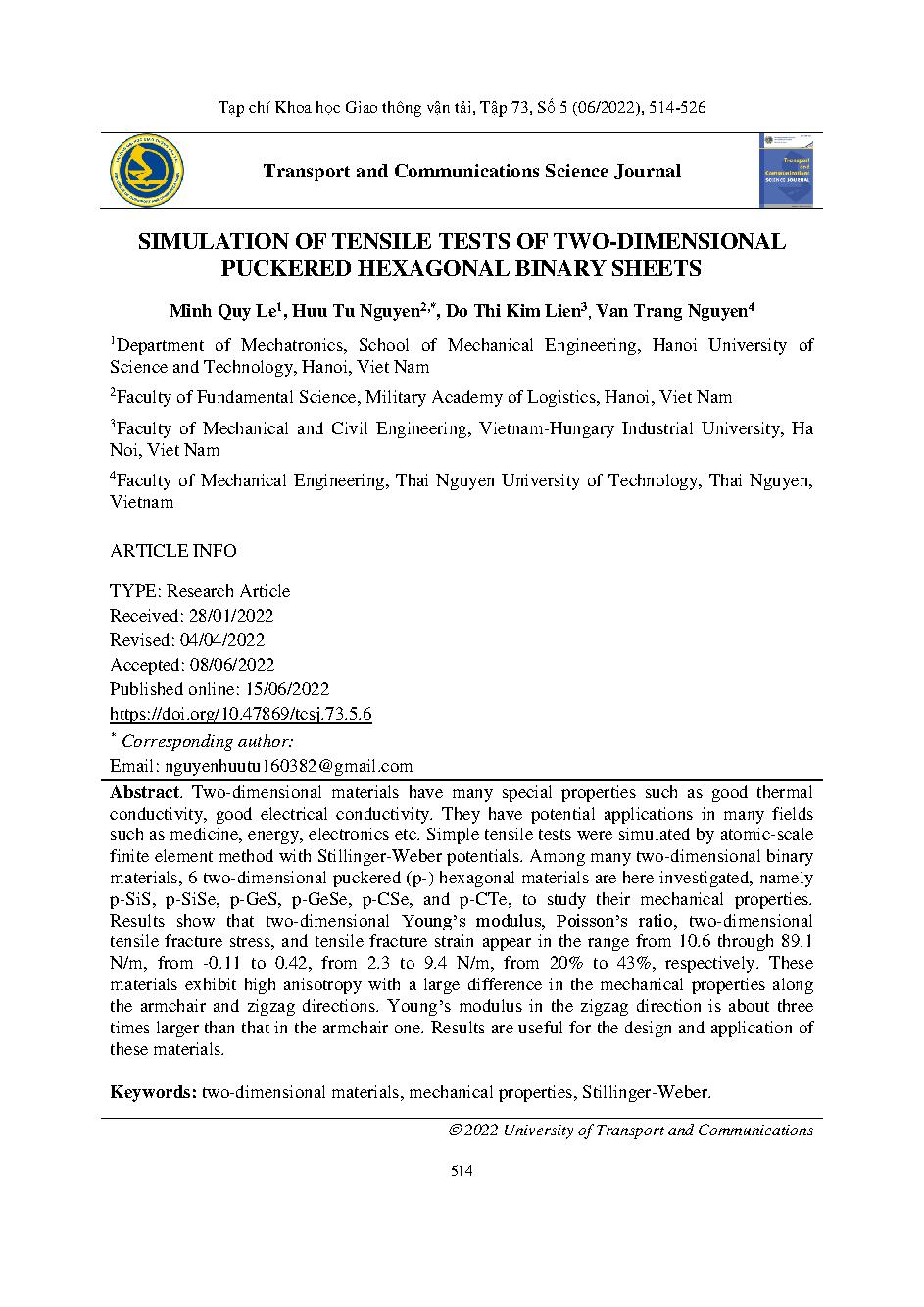 Mô phỏng kéo màng vật liệu hai chiều hai nguyên tử cấu trúc nếp gấp = Simulation of tensile tests of two-dimensional puckered hexagonal binary sheets