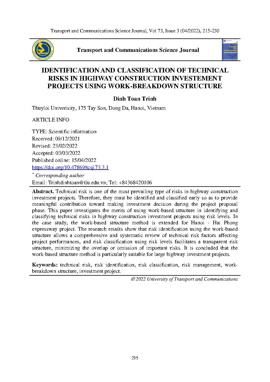 Nhận dạng và phân loại các rủi ro kỹ thuật của dự án đầu tư xây dựng đường bộ sử dụng cấu trúc các hạng mục công việc = Identification and classification of technical risks in highway construction investement projects using work-breakdown structure