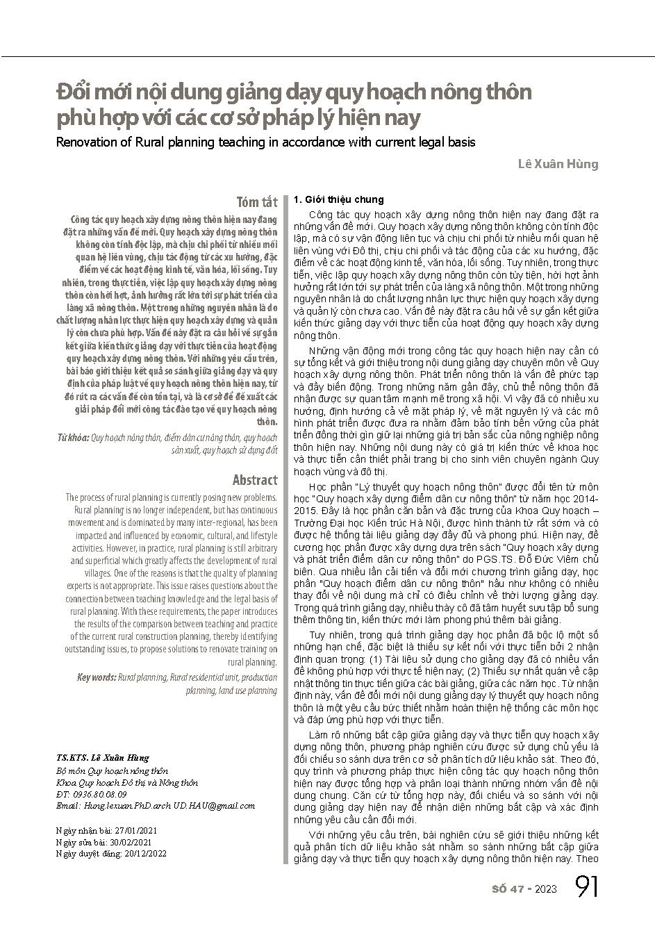 Đổi mới nội dung giảng dạy quy hoạch nông thôn phù hợp với các cơ sở pháp lý hiện nay = Renovation of Rural planning teaching in accordance with current legal basis