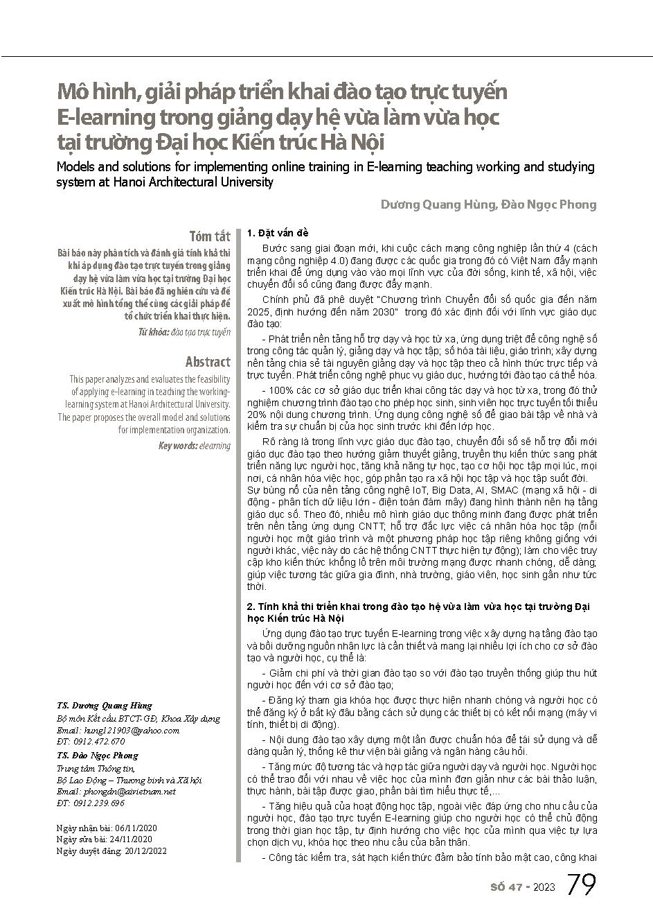 Mô hình, giải pháp triển khai đào tạo trực tuyến E-learning trong giảng dạy hệ vừa làm vừa học tại trường Đại học Kiến trúc Hà Nội = Models and solutions for implementing online training in E-learning teaching working and studying system at Hanoi Architec