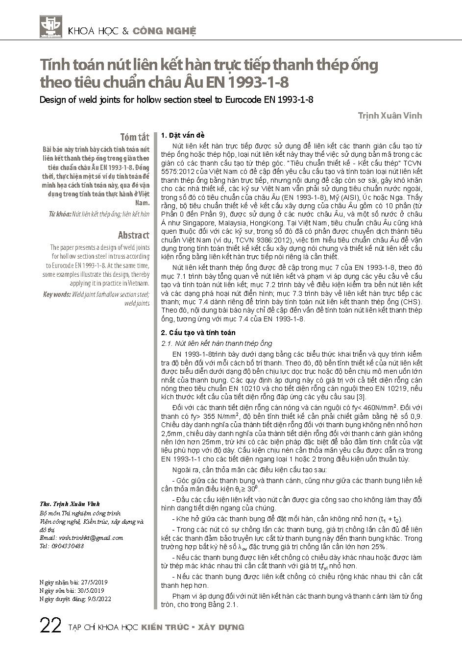 Tính toán nút liên kết hàn trực tiếp thanh thép ống theo tiêu chuẩn châu Âu EN 1993-1-8 = Design of weld joints for hollow section steel to Eurocode EN 1993-1-8