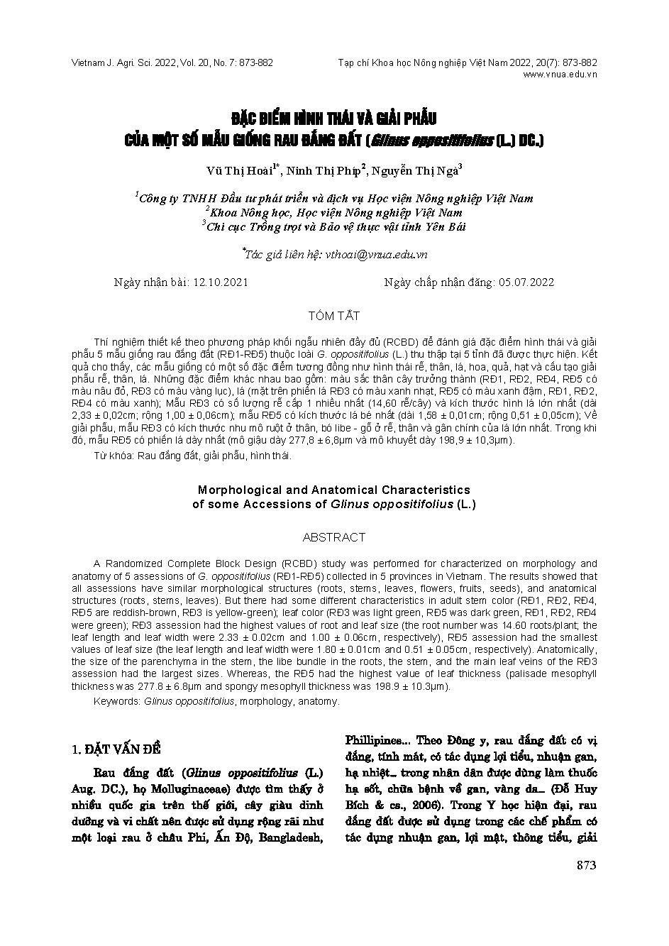 Đặc điểm hình thái và giải phẫu của một số mẫu giống rau đắng đất( Glinus oppositifolius (L.) DC.) = Morphological and Anatomical Characteristics of some Accessions of Glinus oppositifolius (L.)
