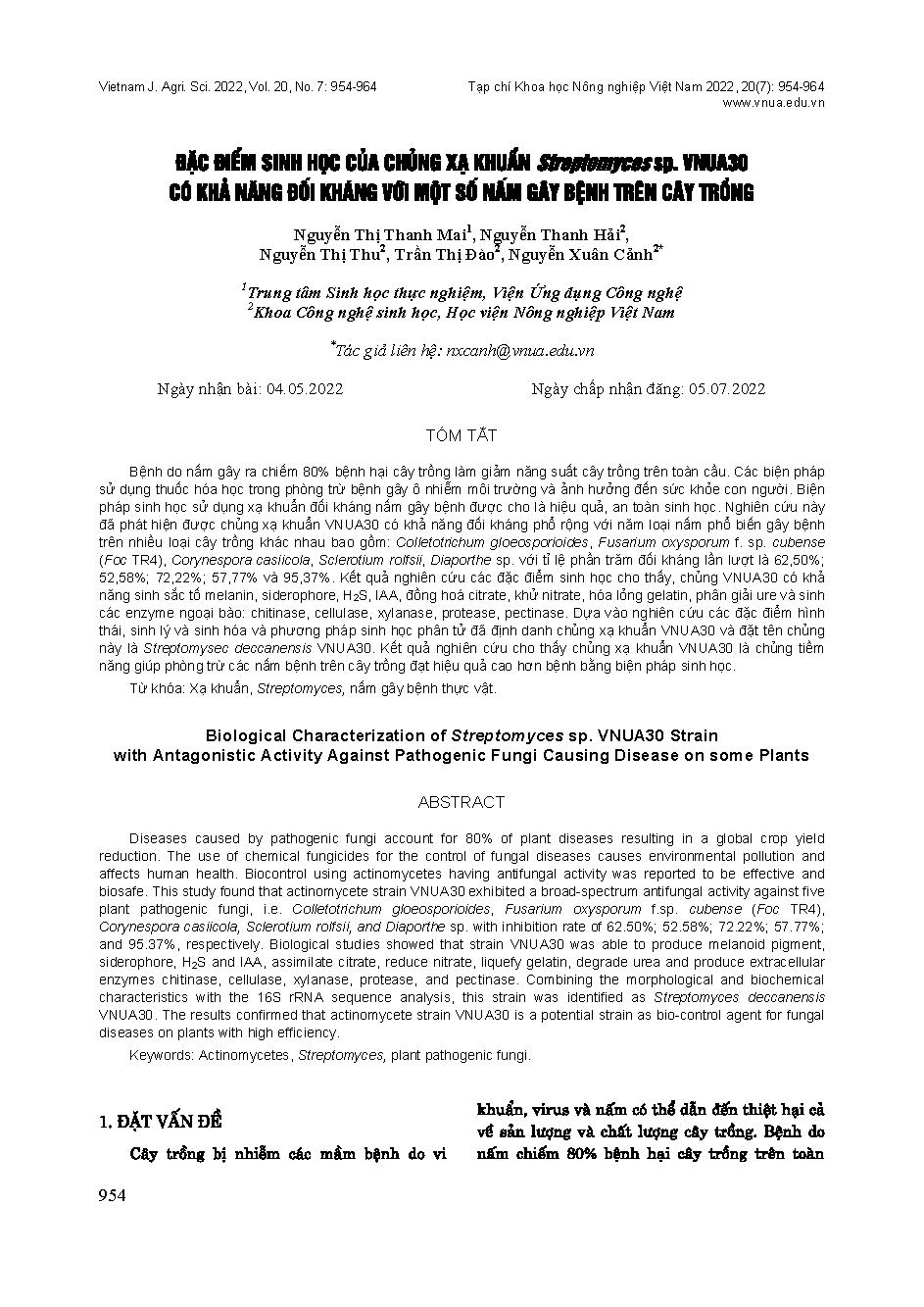 Đặc điểm sinh học của chủng xạ khuẩn Streptomyces sp. VNUA30 có khả năng đối kháng với một số nấm gây bệnh trên cây trồng = Biological Characterization of Streptomyces sp. VNUA30 Strain with Antagonistic Activity Against Pathogenic Fungi Causing Disease o