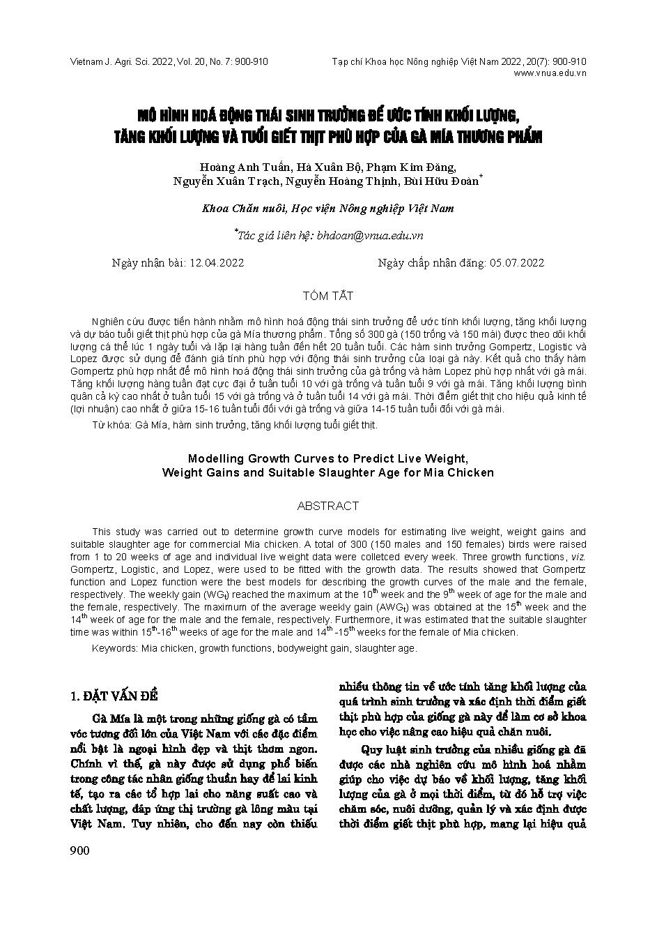 Mô hình hóa động thái sinh trưởng để ước tính khối lượng, tăng khối lượng và tuổi giết thịt phù hợp của gà mía thương phẩm = Modelling Growth Curves to Predict Live Weight, Weight Gains and Suitable Slaughter Age for Mia Chicken
