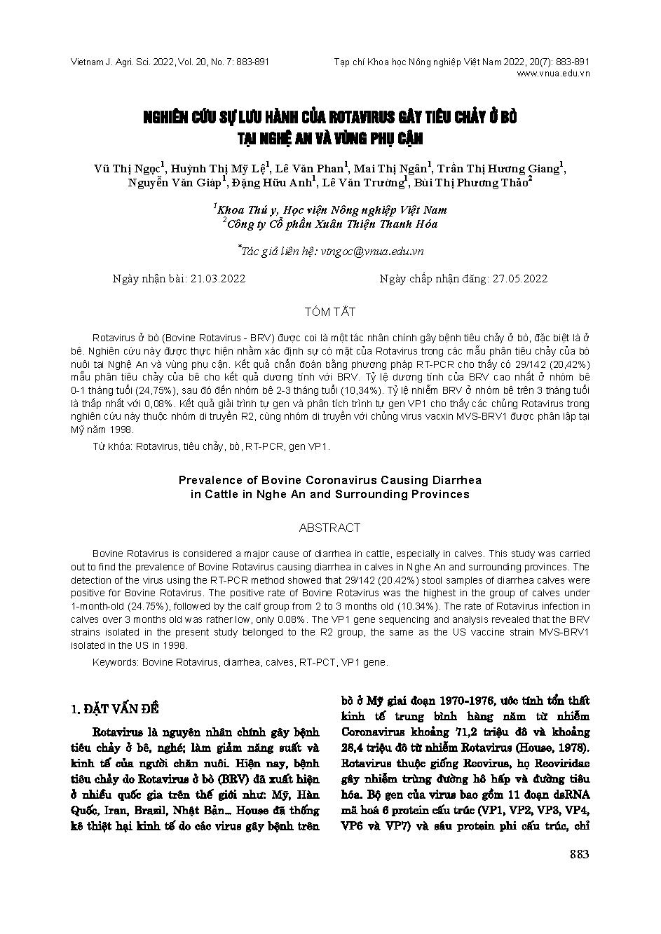 Nghiên cứu sự lưu hành của rotavirus gây tiêu chảy ở bò tại Nghệ An và vùng phụ cận = Prevalence of Bovine Coronavirus Causing Diarrhea in Cattle in Nghe An and Surrounding Provinces