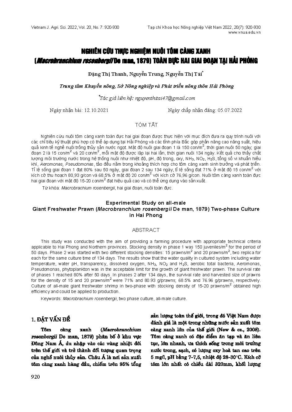 Nghiên cứu thực nghiệm nuôi tôm càng xanh (Macrobrachium rosenbergii De man, 1879) toàn đực hai giai đoạn tại Hải Phòng = Experimental Study on all-male Giant Freshwater Prawn (Macrobranchium rosenbergii De man, 1879) Two-phase Culture in Hai Phong