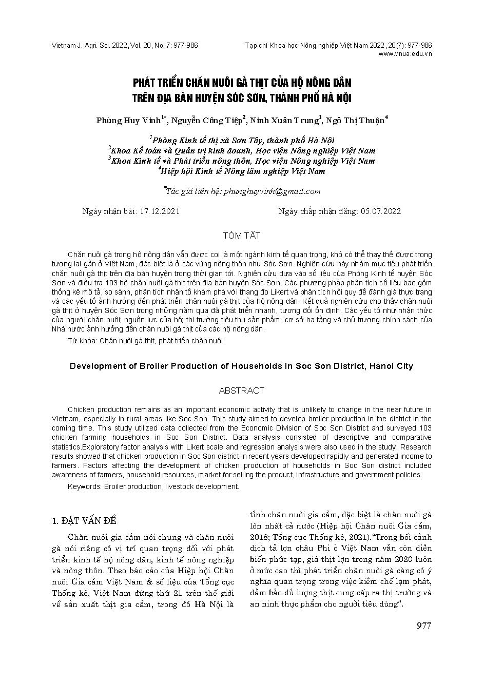 Phát triển chăn nuôi gà thịt của hộ nông dân trên địa bàn huyện Sóc Sơn, thành phố Hà Nội = Development of Broiler Production of Households in Soc Son District, Hanoi City