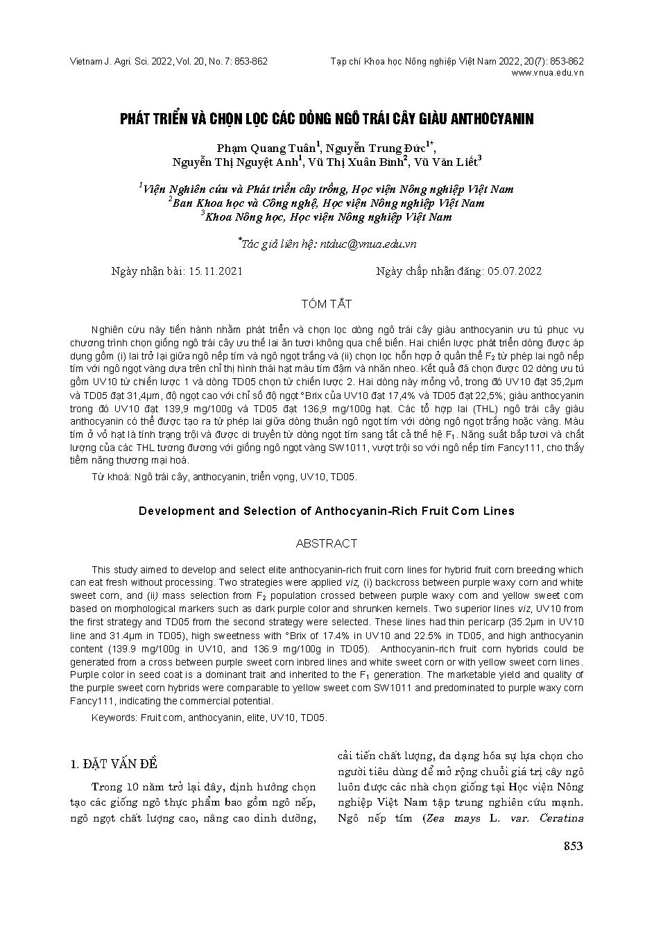 Phát triển và chọn lọc các dòng ngô trái cây giàu anthocyanin = Development and Selection of Anthocyanin-Rich Fruit Corn Lines