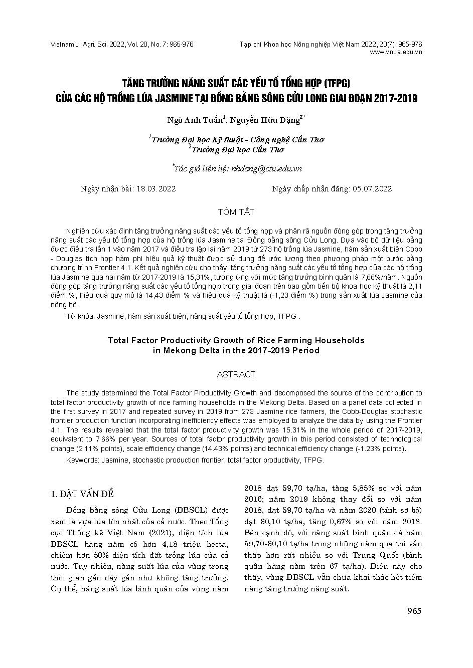 Tăng trưởng năng suất các yếu tố tổng hợp (TFPG) của các hộ trồng lúa jasmine tại Đồng bằng sông Cửu Long giai đoạn 2017-2019 = Total Factor Productivity Growth of Rice Farming Households in Mekong Delta in the 2017-2019 Period