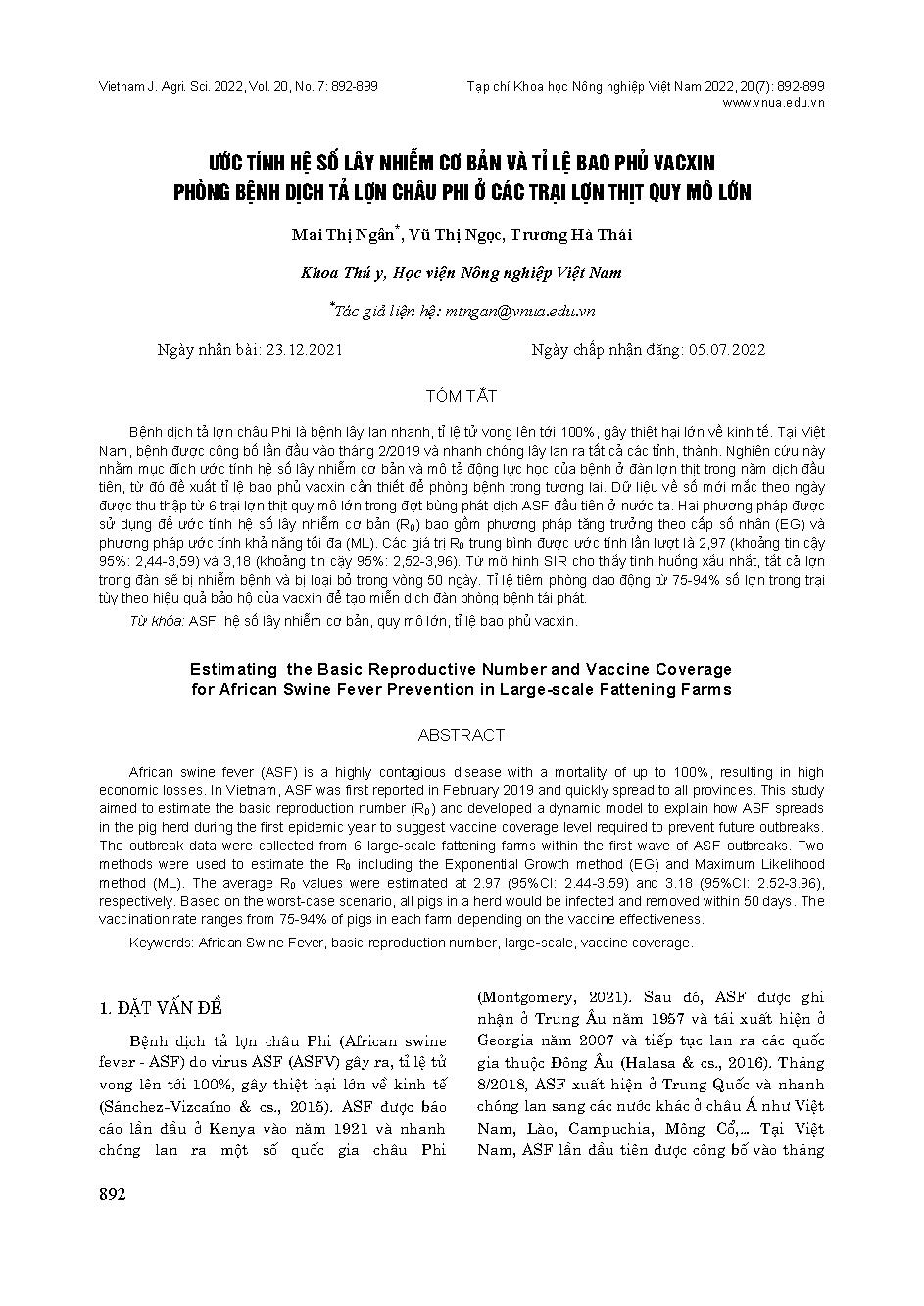 Ước tính hệ số lây nhiễm cơ bản và tỉ lệ bao phủ vacxin phòng bệnh dịch tả lợn châu Phi ở các trại lợn thịt quy mô lớn = Estimating the Basic Reproductive Number and Vaccine Coverage for African Swine Fever Prevention in Large-scale Fattening Farms