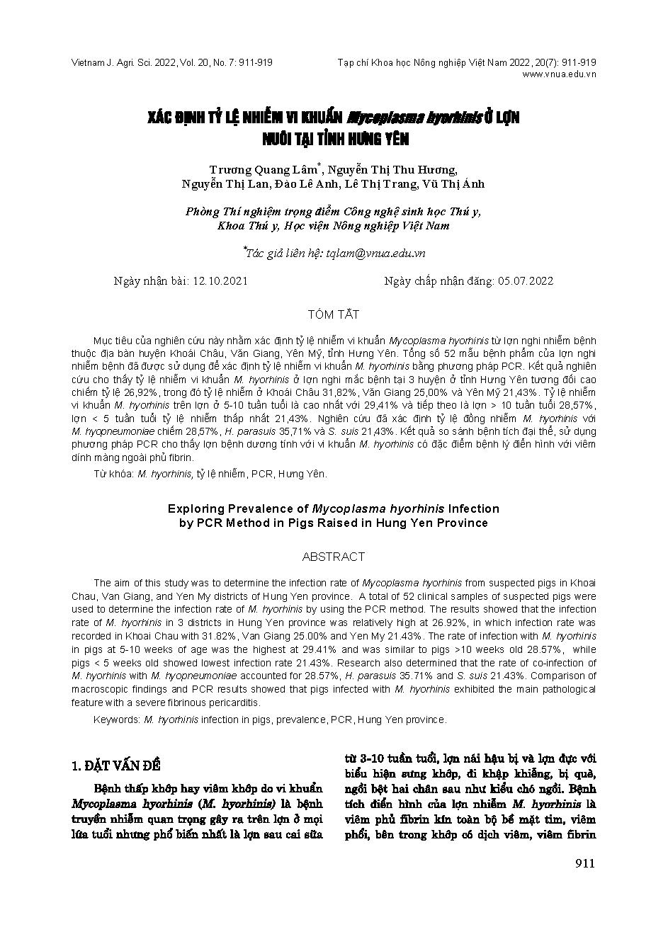 Xác định tỷ lệ nhiễm vi khuẩn Mycoplasma hyorhinis ở lợn nuôi tại tỉnh Hưng Yên = Exploring Prevalence of Mycoplasma hyorhinis Infection by PCR Method in Pigs Raised in Hung Yen Province