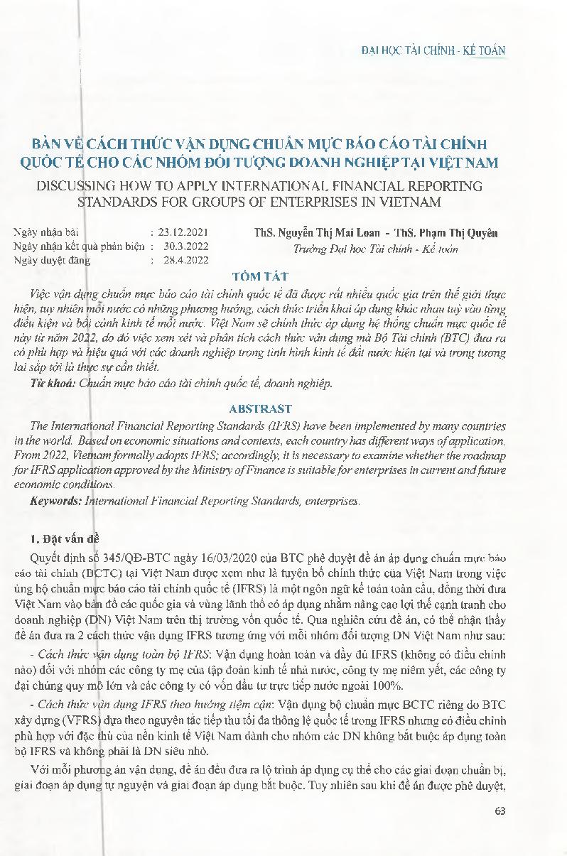 Bàn về cách thức vận dụng chuẩn mực báo cáo tài chính quốc tế cho các nhóm đối tượng doanh nghiệp tại Việt Nam = Discussing how to applicate international financial reporting standards for each group of enterprises in Vietnam