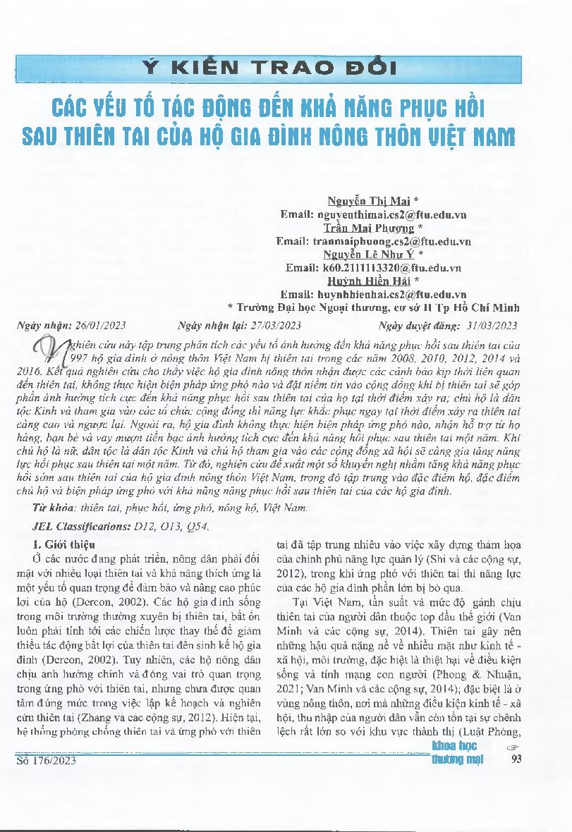 Các yếu tố tác động đến khả năng phục hồi sau thiên tai của hộ gia đình nông thôn Việt Nam = The Factors Impact to Resilience After Natural Disasters of Rural Households in Vietnam