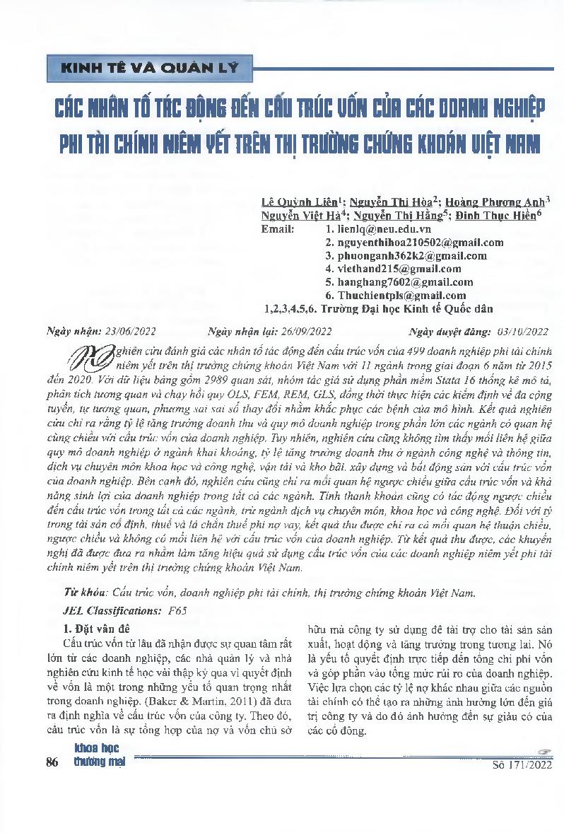 Các nhân tố tác động đến cấu trúc vốn của các doanh nghiệp phi tài chính niêm yết trên thị trường chứng khoán Việt Nam = Factor Affecting the Capital Structure ofNon-Financial Firms Listed on Vietnam Stock Market
