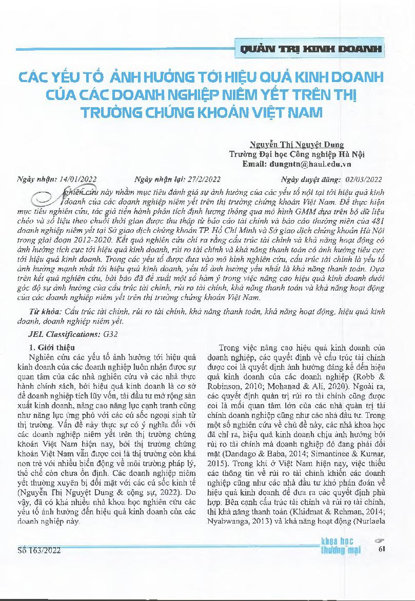 Các yếu tố ảnh hưởng tới hiệu quả kinh doanh của các doanh nghiệp niêm yết trên thị trường chứng khoán Việt Nam = Keys Factors Influencing the Business Efficiency of Vietnam’s Listed Companies