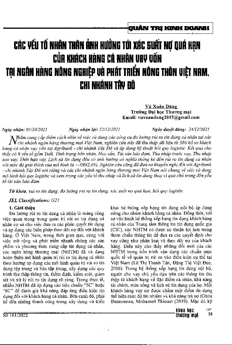 Các yếu tố nhân thân ảnh hưởng tới xác suất nợ quá hạn của khách hàng cá nhân vay vốn tại Ngân hàng Nông nghiệp và Phát triển nông thôn Việt Nam, chi nhánh Tây Đô = Personal Factors Affecting The Probability of Overdue Debt of Individual Customers Borrowi