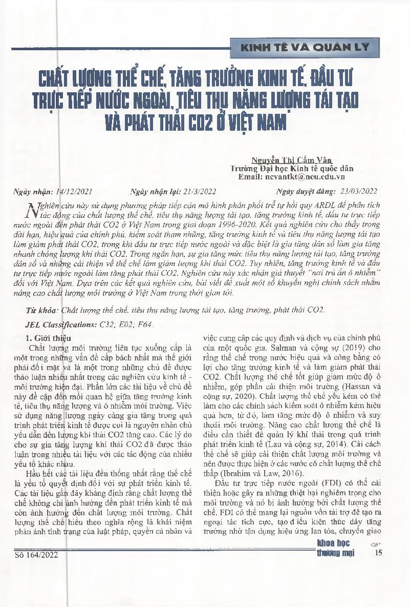 Chất lượng thể chế, tăng trưởng kinh tế, đầu tư trực tiếp nước ngoài, tiêu thụ năng lượng tái tạo và phát thải CO2 ở Việt Nam = Institutional quality, economic growth, foreign direct investment, renewable energy consumption and CO2 emissions in Vietnam