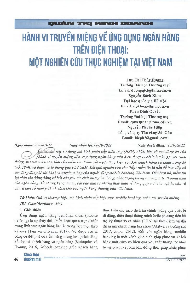 Hành vi truyền miệng về ứng dụng ngân hàng trên điện thoại: một nghiên cứu thực nghiệm tại Việt Nam = Word - Of - Mouth Behavior About Mobile Banking: An Empirical Study In Vietnam