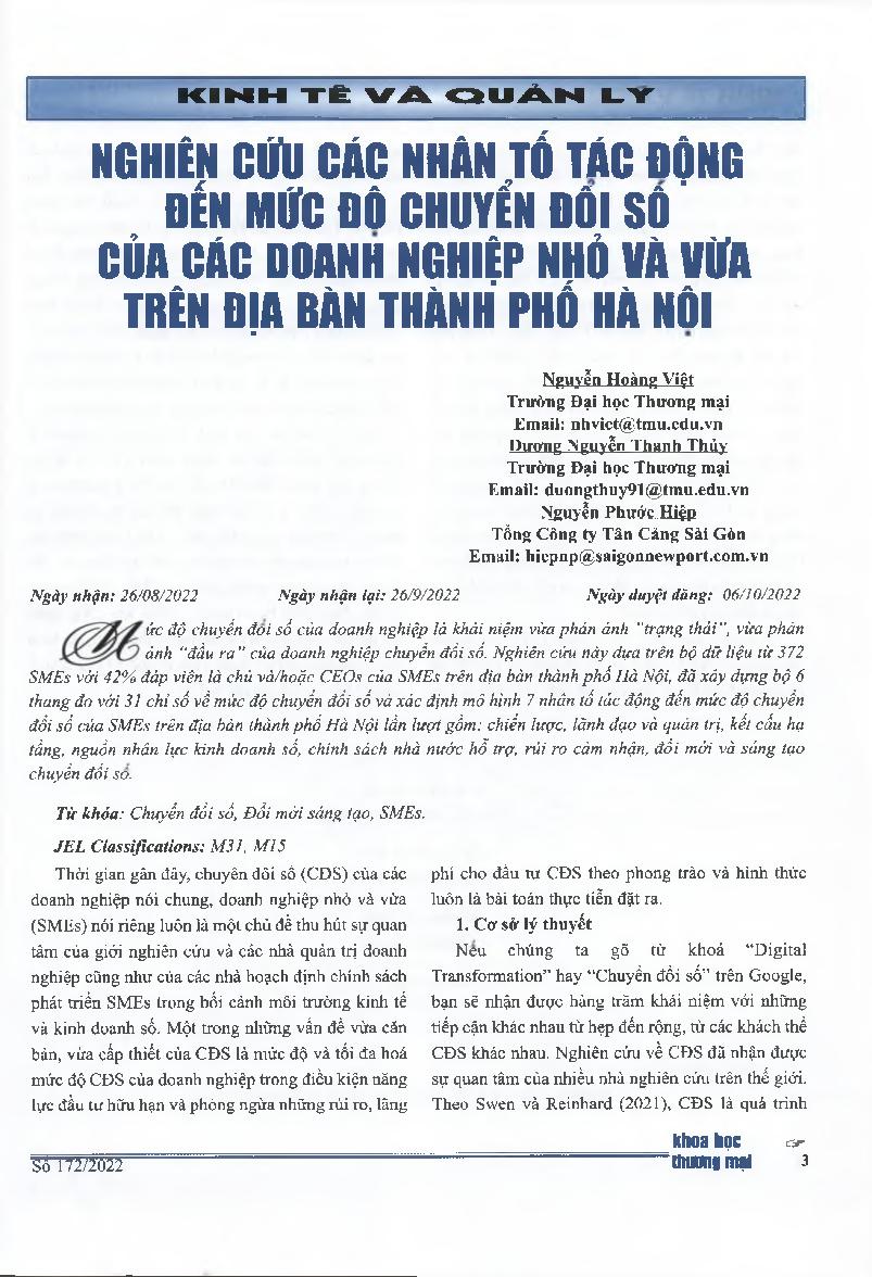 Nghiên cứu các nhân tố tác động đến mức độ chuyển đổi số của các doanh nghiệp nhỏ và vừa trên địa bàn thành phố Hà Nội = Factors Affecting the Degree ofDigital Transformation ofSmall and Medium Enterprises in Hanoi City